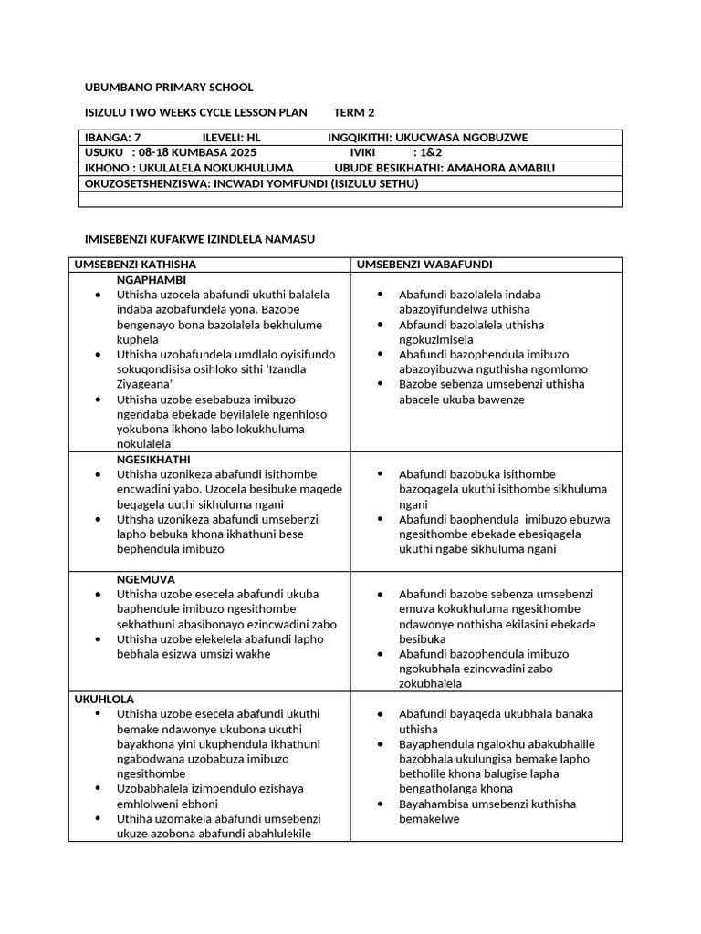 2025 Grade 7 Term 2 Isizulu Lesson Plan | PDF