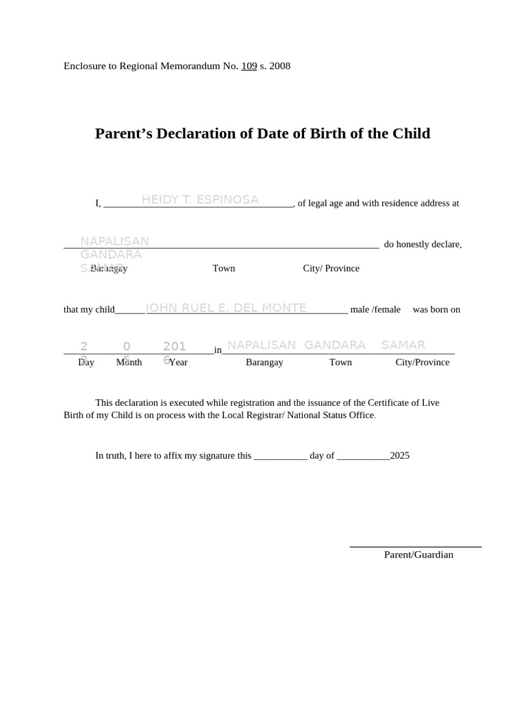 Parents Declaration of Date of Birth of The Child | PDF