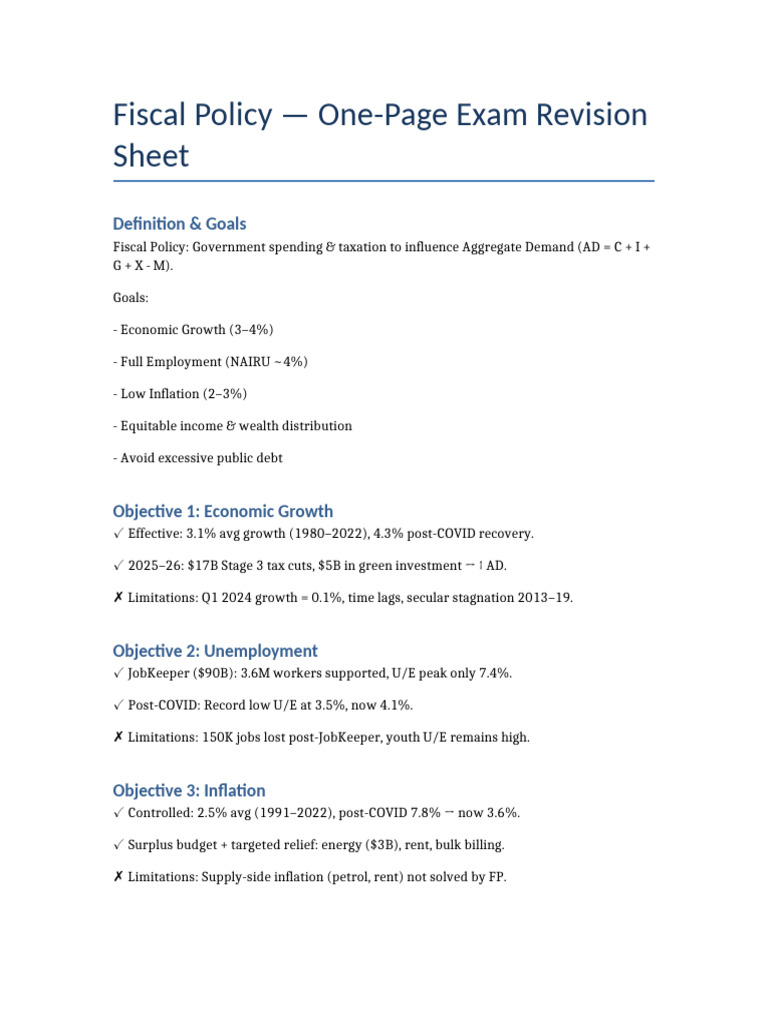 Fiscal Policy One Page Exam Notes | PDF