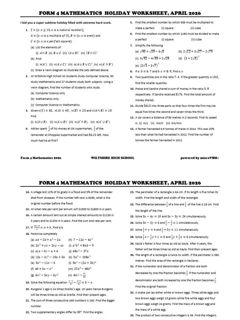 Form 4 Holiday WorkSheet (Edited) | PDF | Line (Geometry) | Angle