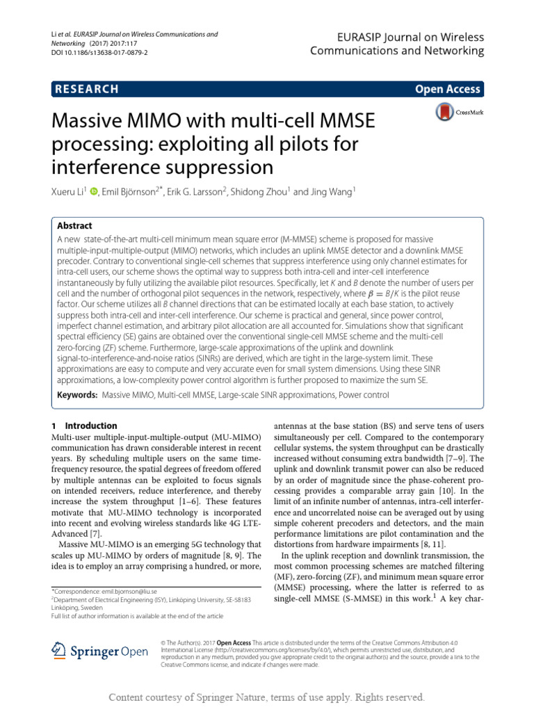 Massive MIMO With Multi-cell MMSE Processing Explo | PDF | Mimo ...