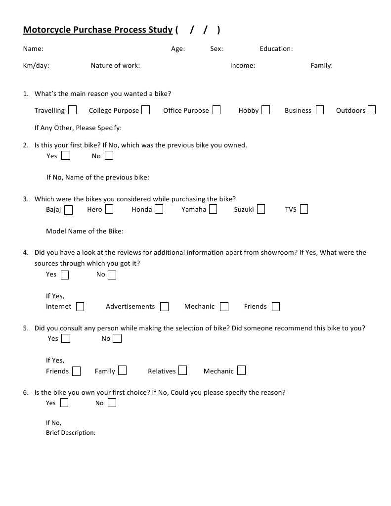 Motorcycle Purchase Process Study Questionnaire | PDF | Career & Growth ...