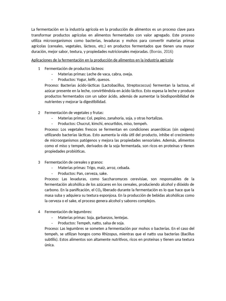 Fermentación en La Producción de Alimentos | PDF | Fermentación | Alimentos