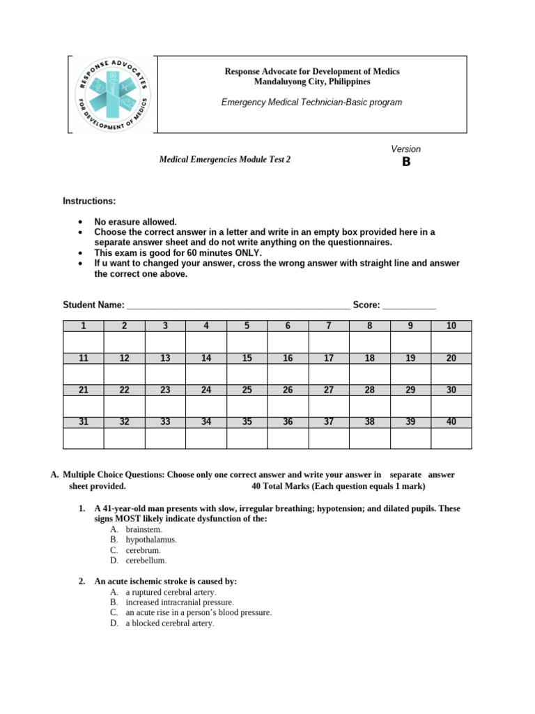 EMT Medical Emergencies Module Test | PDF | Hypoglycemia | Stroke