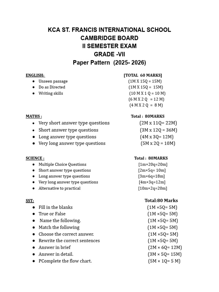 Grade 7 Paper Pattern II Semester Exam(2025- 2026) | PDF