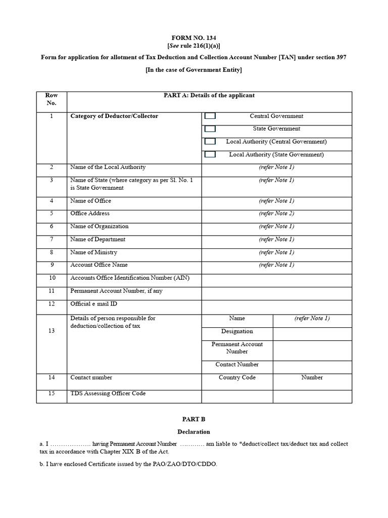Form-no-134 Tan Application Form in Case of Govt Entity | PDF | Taxes ...