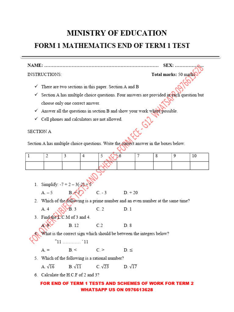 Form 1 Maths End of Term i Test by Kwibisa 0976613628 | PDF