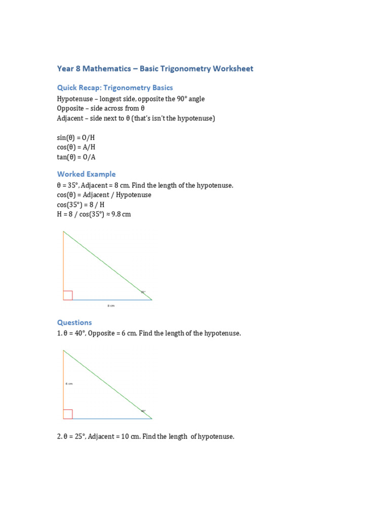 Trigonometry Worksheet Year8 v3 | PDF