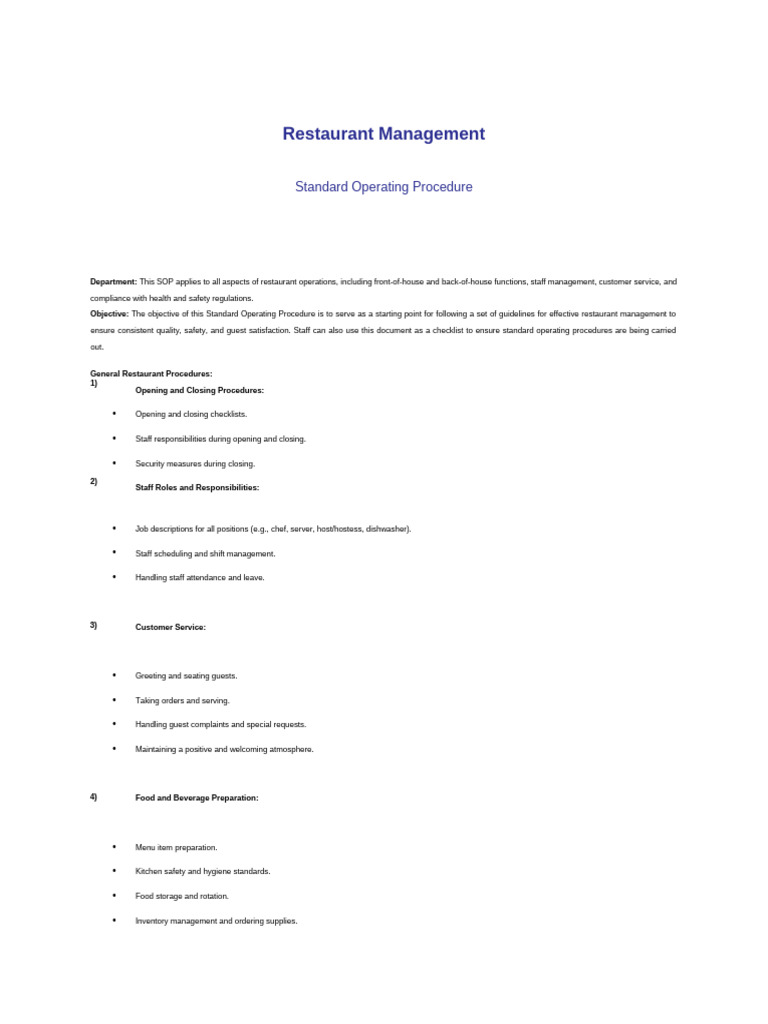 Restaurant Standard Operating Procedure D13765 | PDF | Waiting Staff ...