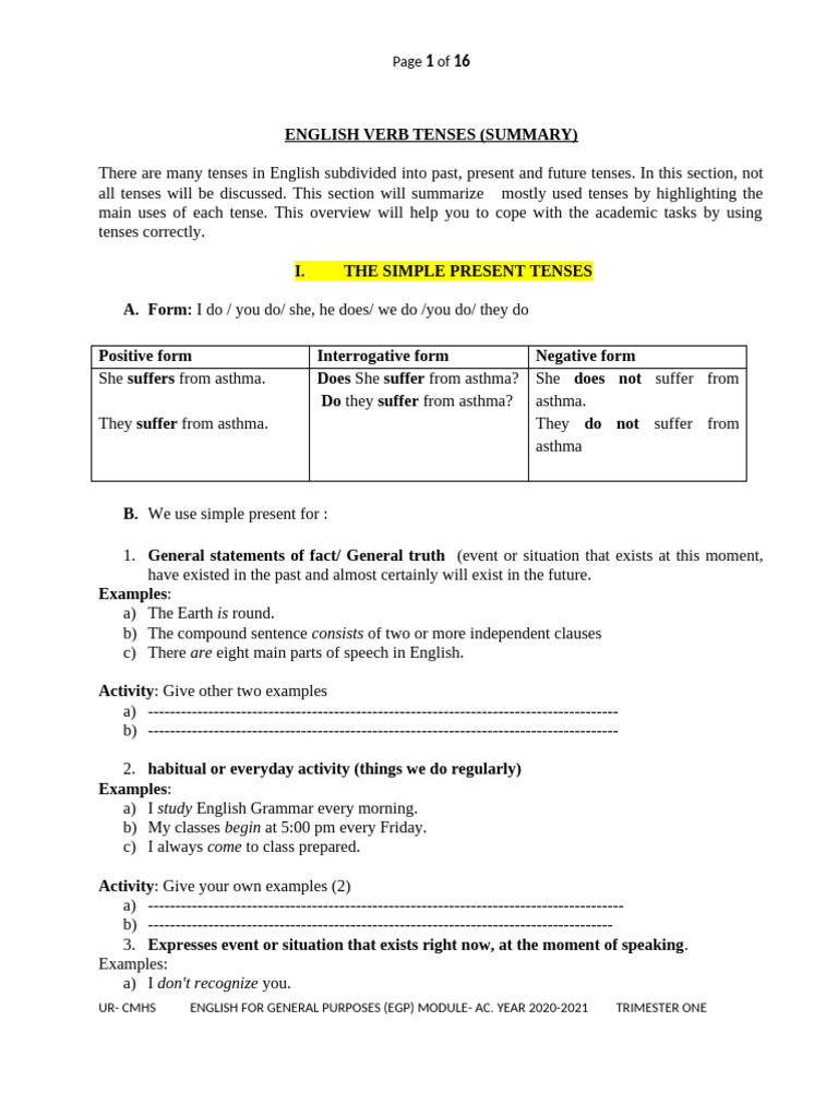 English Verb Tenses- Summary | PDF | Malaria | Plasmodium
