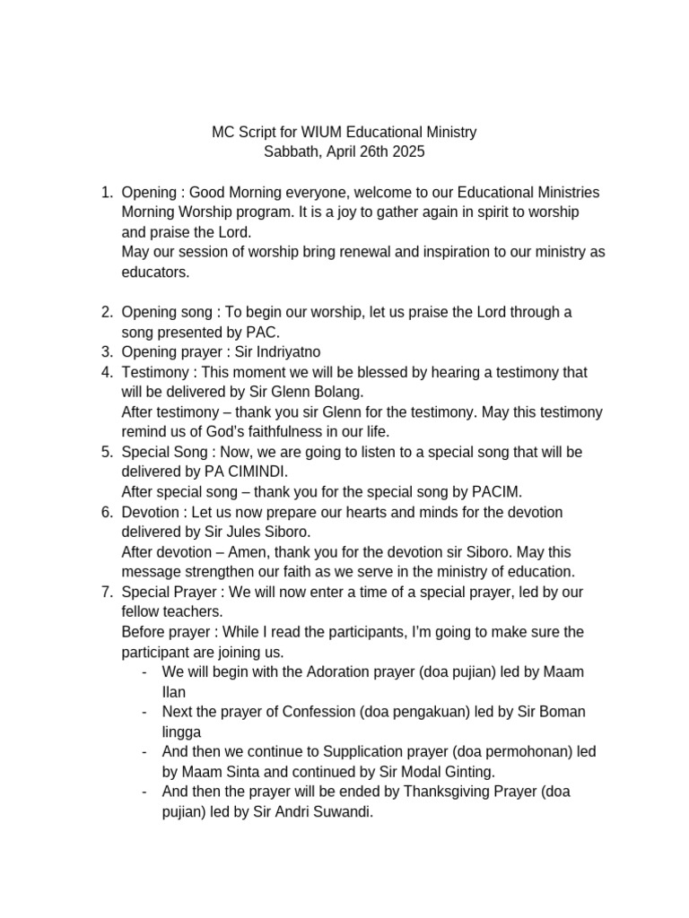 MC Script for WIUM Educational Ministry | PDF
