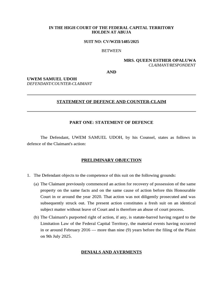 Statement of Defence and Counterclaim CV WZII 1485 2025 | PDF ...