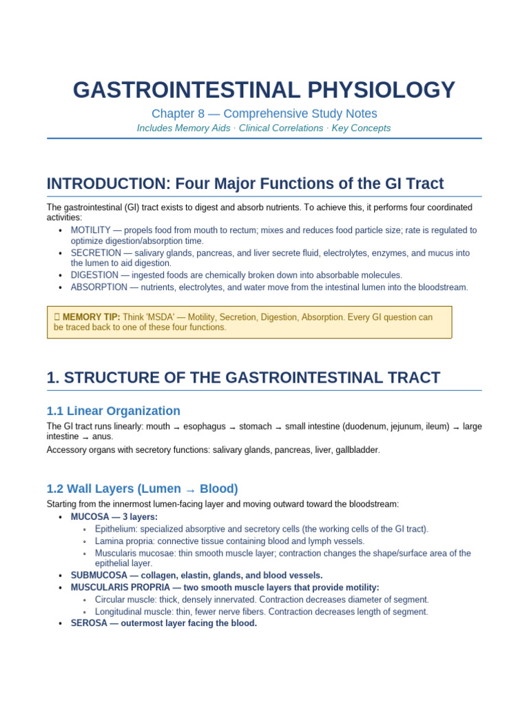 GI Physiology Comprehensive Notes | PDF | Gastrointestinal Tract ...