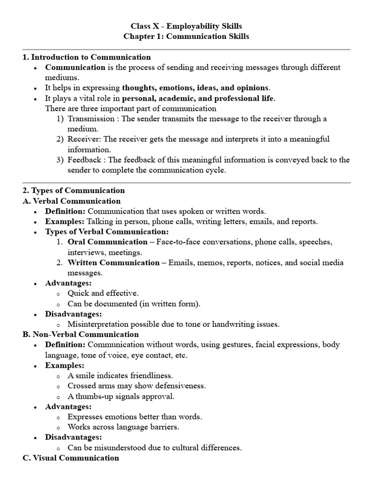 Notes Chapter-1 Employability Skills | PDF | Communication | Human ...
