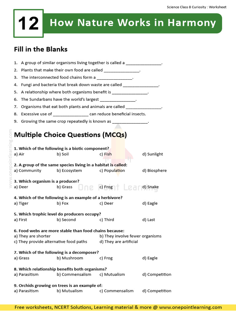 Science Class 8 Chapter 12 How Nature Works in Harmony Worksheet (1 ...