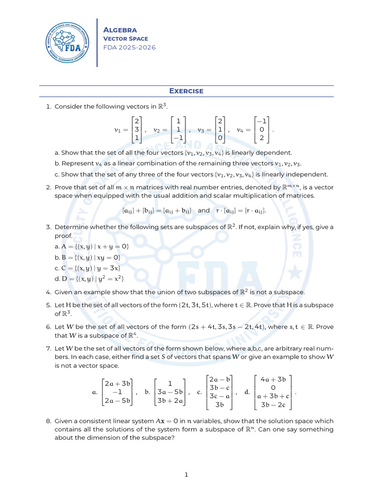 Vector Spaces - Exercises | PDF | Linear Subspace | Vector Space