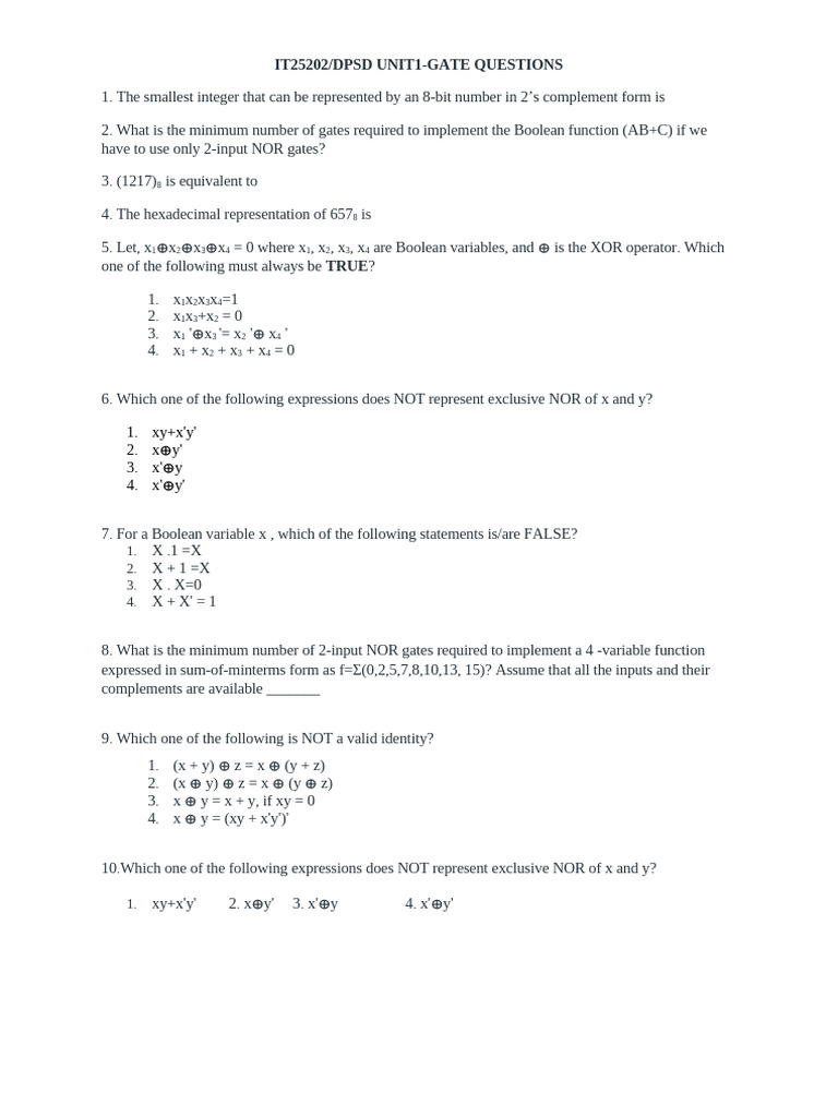 UNIT 1&2 GATE QUESTIONS | PDF | Logic Gate | Logic