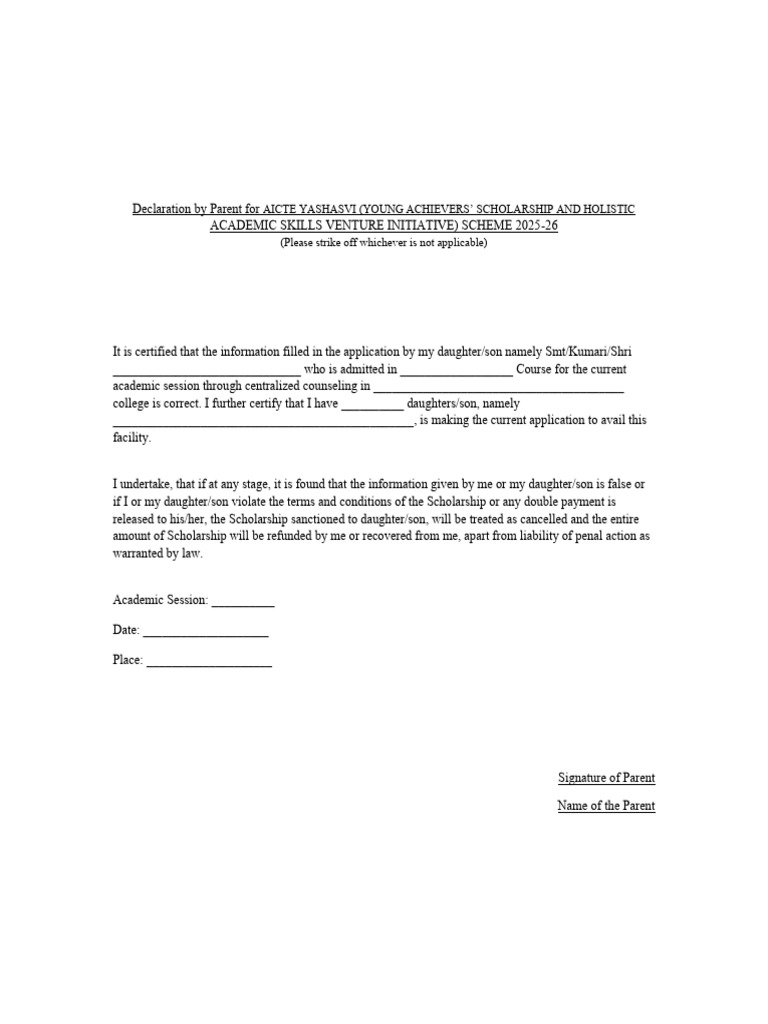 Parent Declaration YASHASVI 2025 26 | PDF