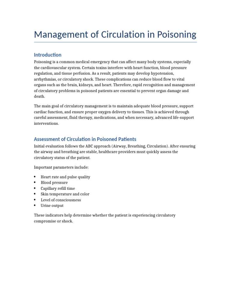 Management of Circulation in Poisoning Assignment | PDF | Shock ...