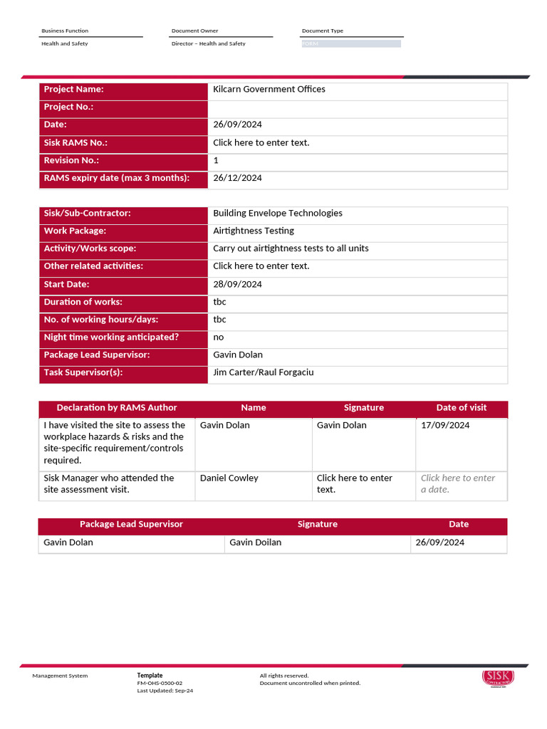FM-OHS-0500-02 RAMS Template_Kilcarn Government Offices_24918 | PDF ...