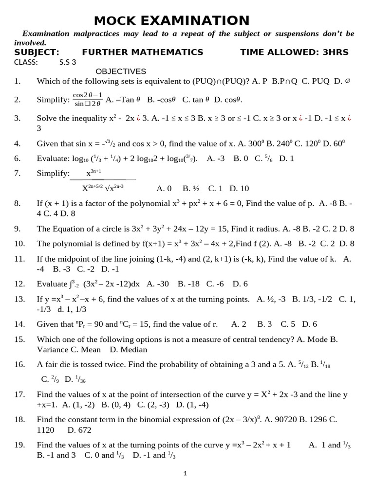 FURTHER MATHS Mock Exam | PDF | Inequality (Mathematics) | Mathematics