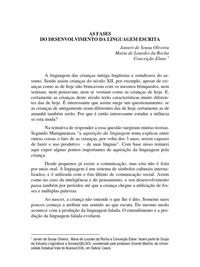 As Fases Do Desenvolvimento Da Linguagem Escrita | PDF | Linguística ...