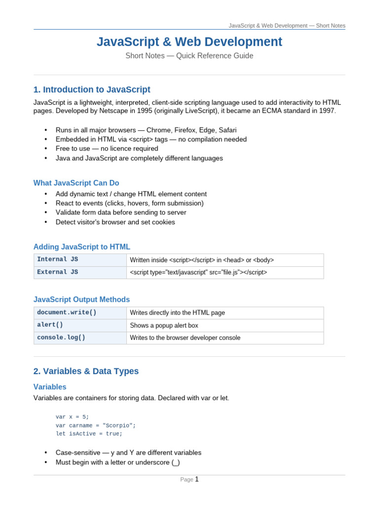 JS Short Notes | PDF | Dynamic Web Page | Document Object Model