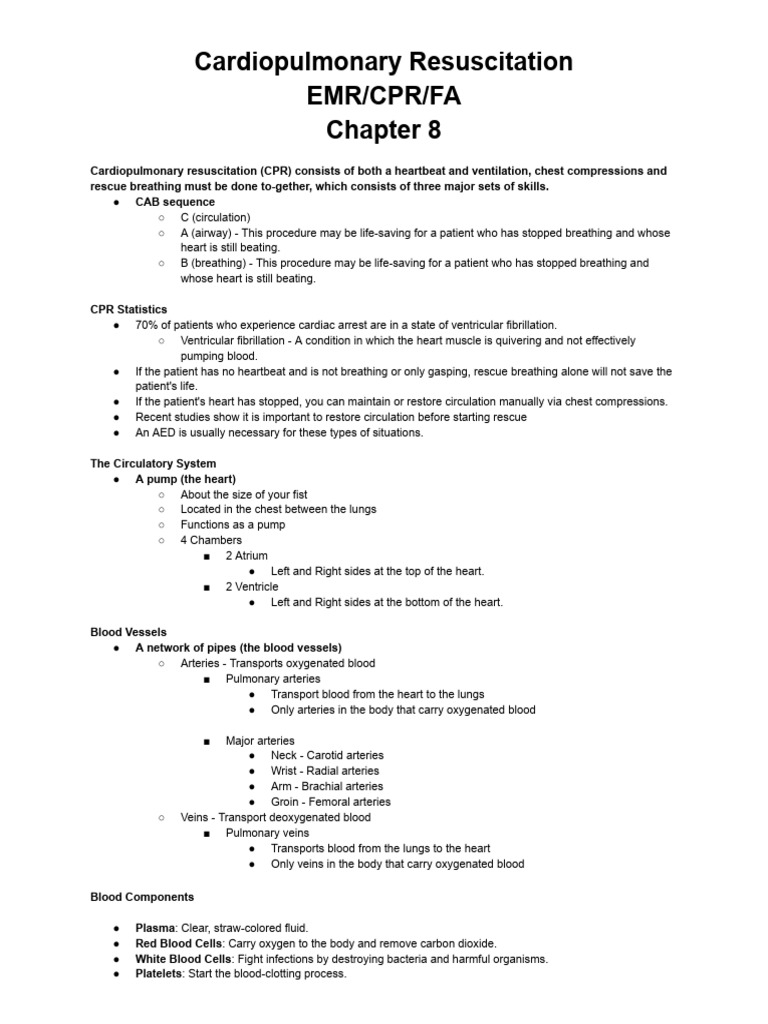 EMR Notes Ch.8 school nurse | PDF | Cardiopulmonary Resuscitation | Heart