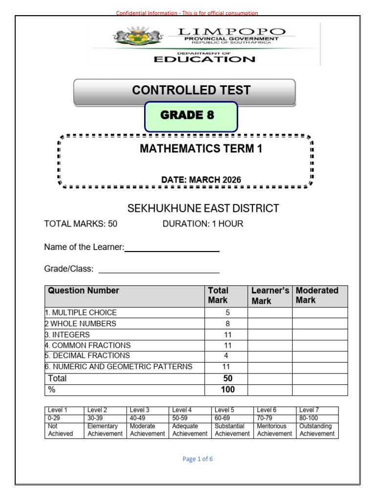 (16 MARCH 2026) Grade 8 Term 1 Test 2026 | PDF | Integer | Subtraction