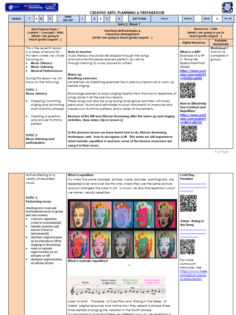 Lesson Plan Gr 7 Creative Arts Music T2 W7 | PDF | Performing Arts ...