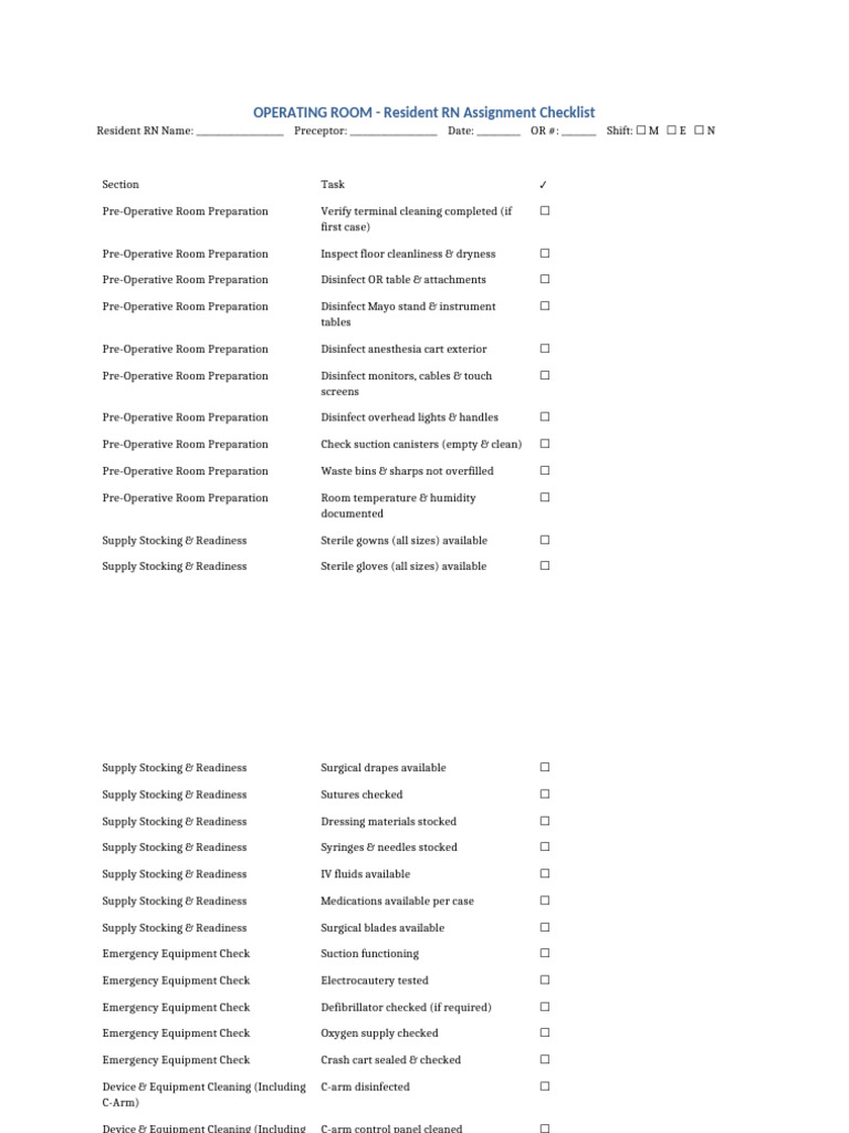 Or Resident RN Assignment Checklist Table | PDF | Operating Theater ...