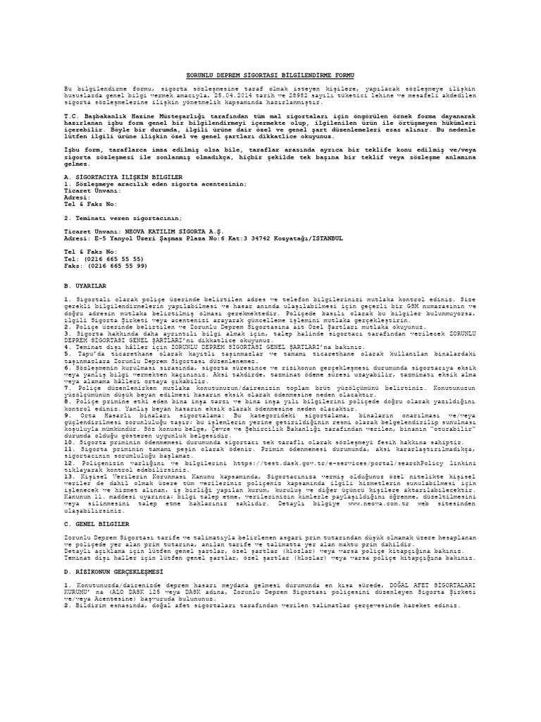 Zorunlu Deprem Sigortasi Dask Bilgilendirme Formu 935 | PDF