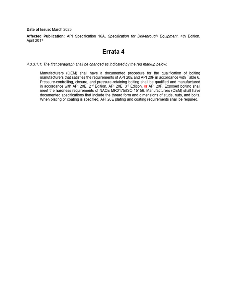 API Specification 16A 4th Edition Errata 4 20250327 | PDF