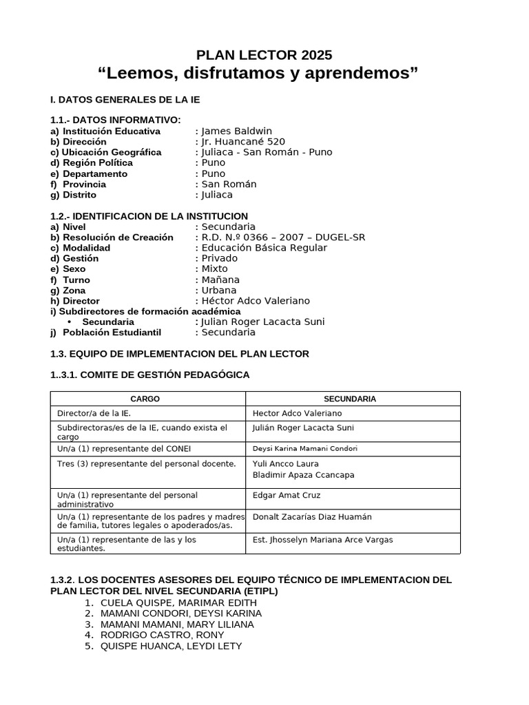 2025 Plan Lector Secundaria | PDF | Educación primaria | Salón de clases