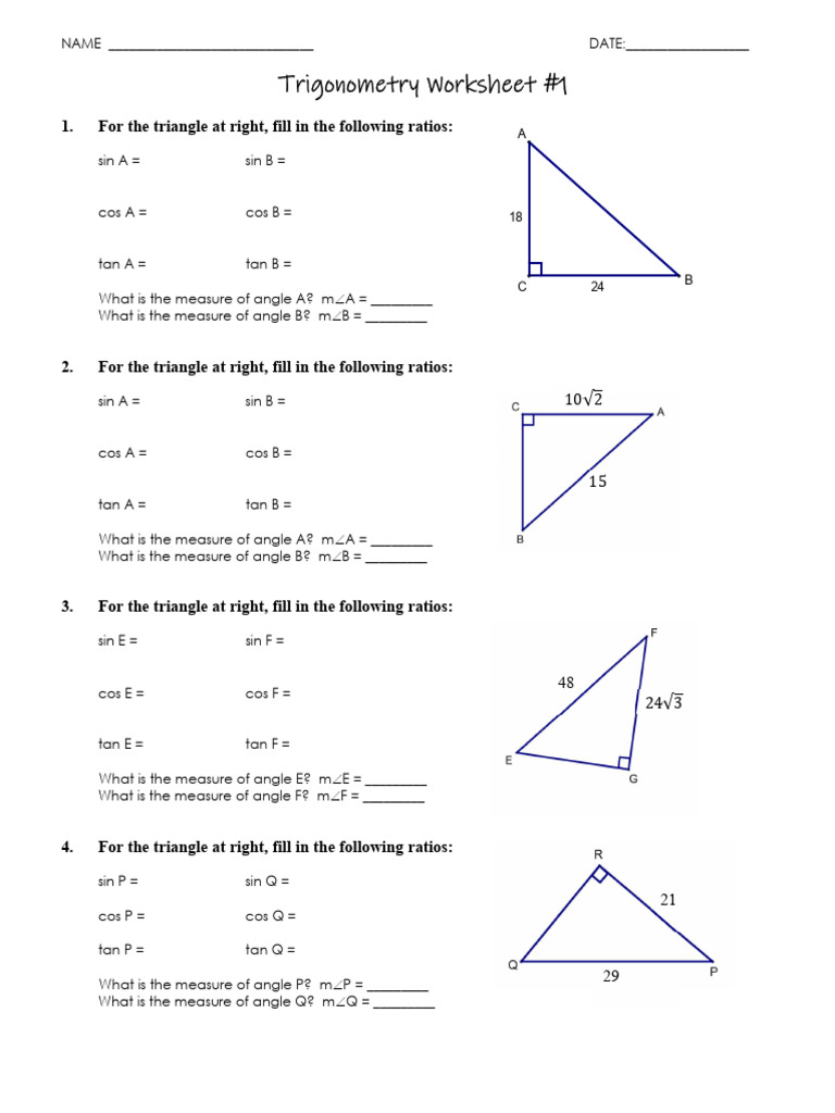 Trigonometry Worksheet 1 | PDF | Trigonometry | Elementary Geometry