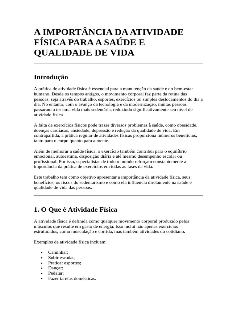 A IMPORTÂNCIA DA ATIVIDADE FÍSICA PARA A SAÚDE E QUALIDADE DE VIDA | PDF