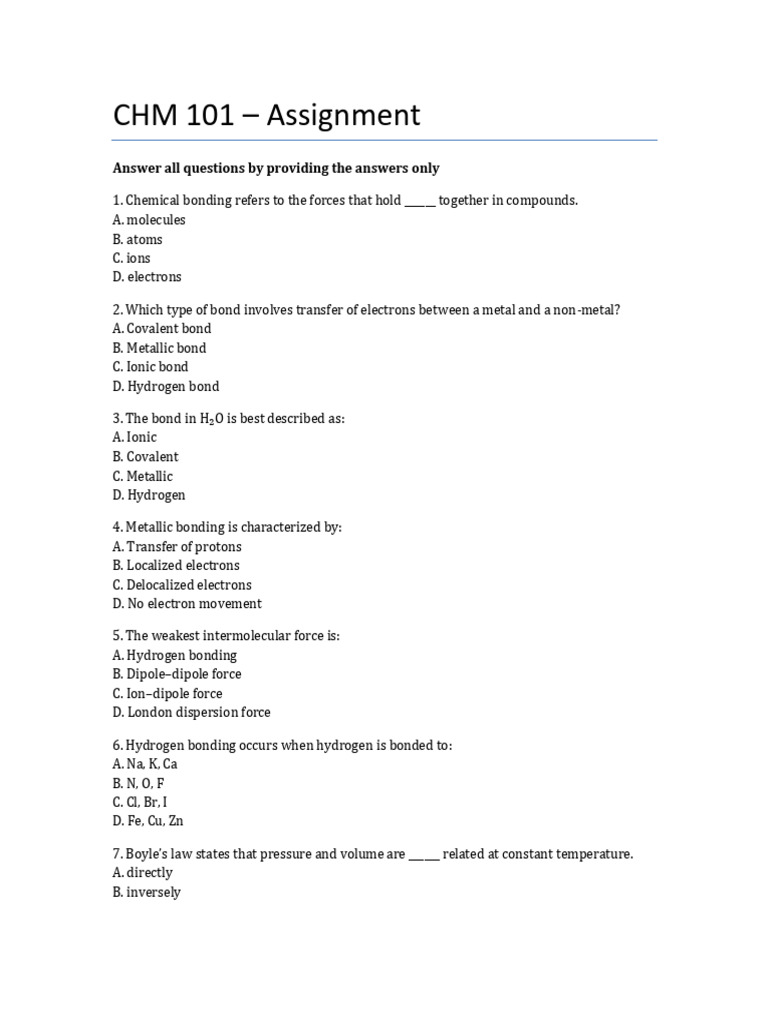 CHM 101 Assignment | PDF | Chemical Bond | Gases