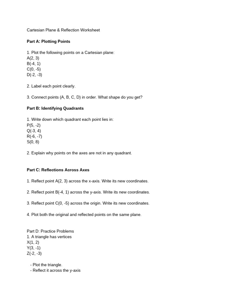 Cartesian Plane & Reflection Worksheet | PDF