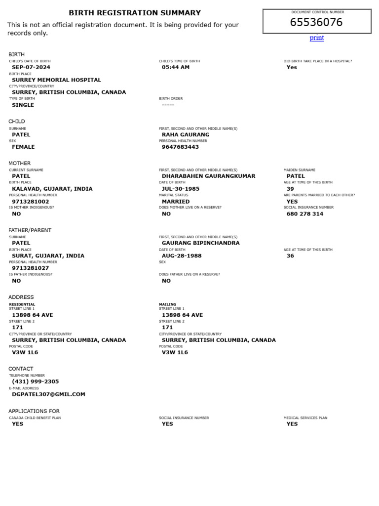 BC Vital Statistics Agency - Birth Registration Summary Raha Patel ...