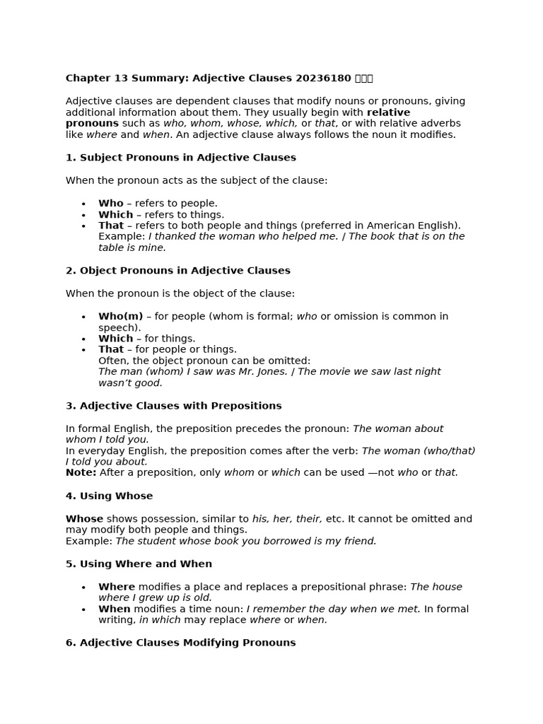 Grammar Summary 13&14 | PDF | Verb | Adjective