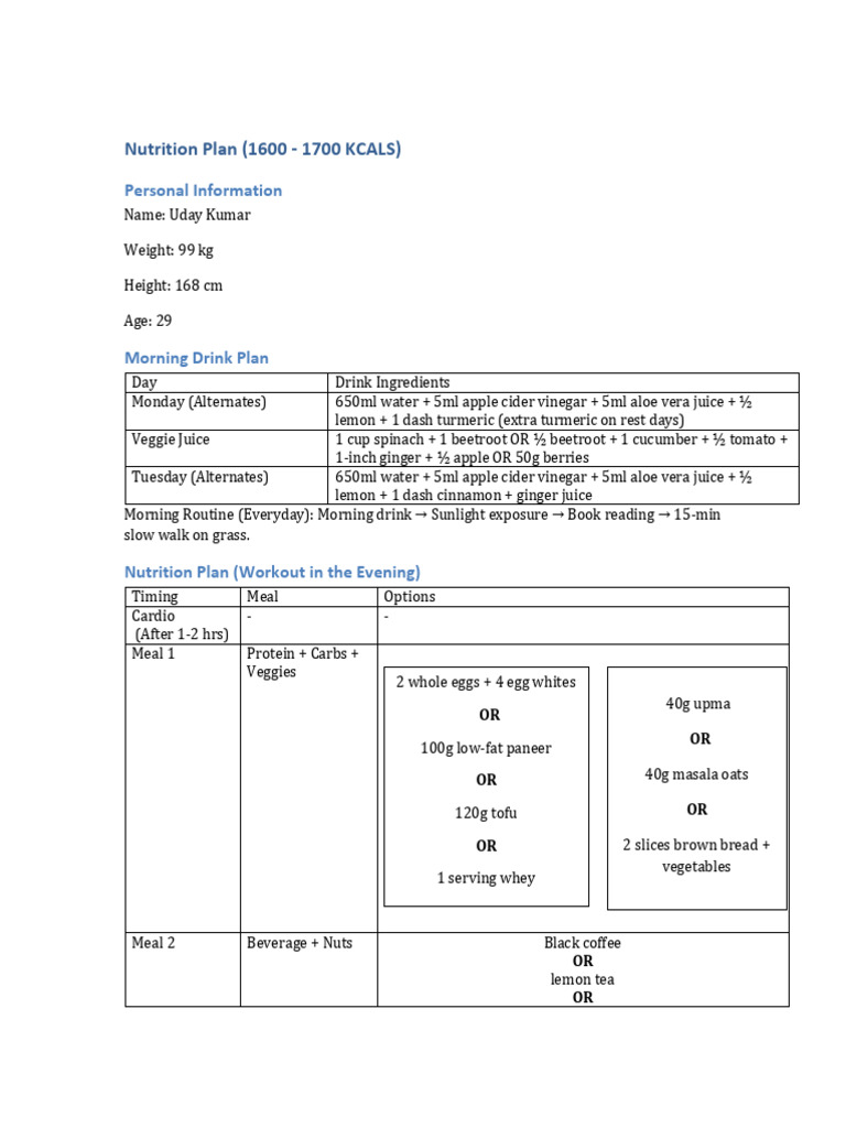 Nutrition Plan | PDF | Vegetables | Drink