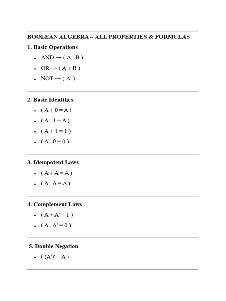 Boolean Algebra Formula Sheet | PDF