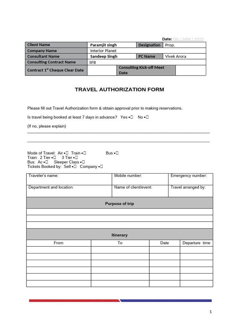 Travel Auth Form | PDF