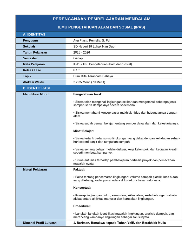 RPP IPAS Kelas6 BumiKitaTerancam | PDF