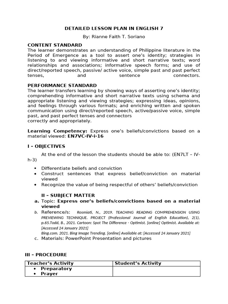 Detailed Lesson Plan week 4 | PDF | Faith | Reading Comprehension