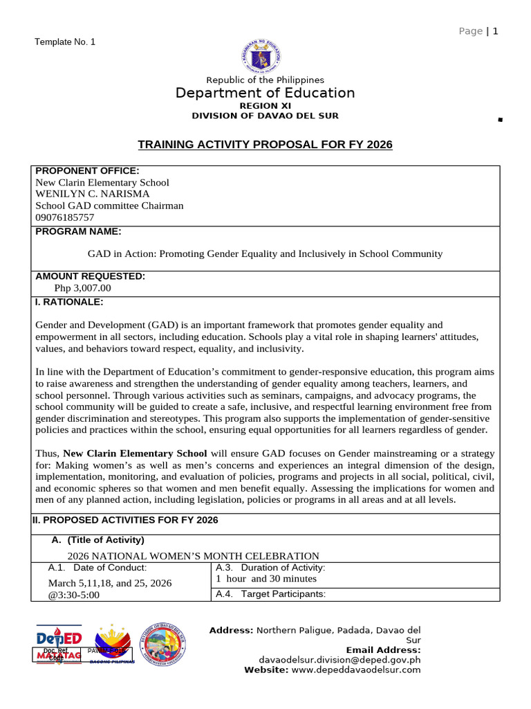 2026 GAD Template No. 1 Training Activity Proposal | PDF | Gender And ...