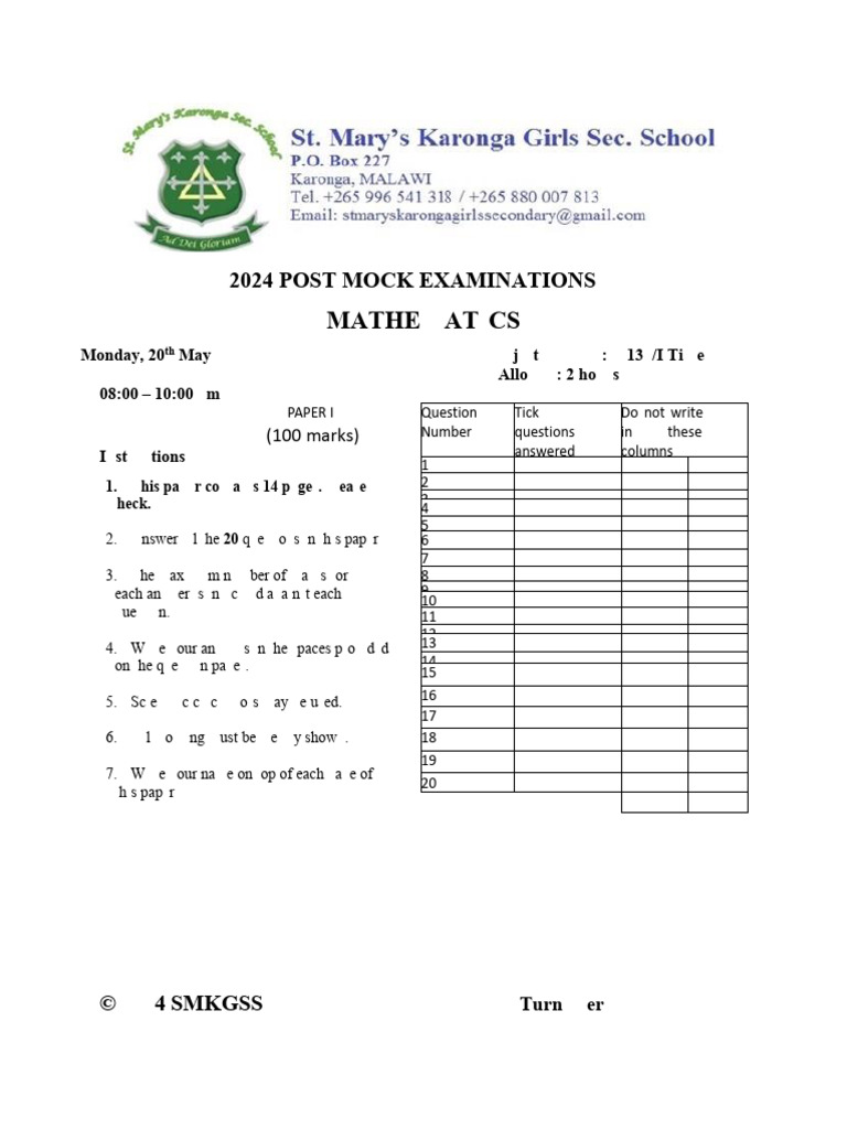 St Marys Karonga Girls Math Paper1 Post Mock 2024(Msce) | PDF | Area ...