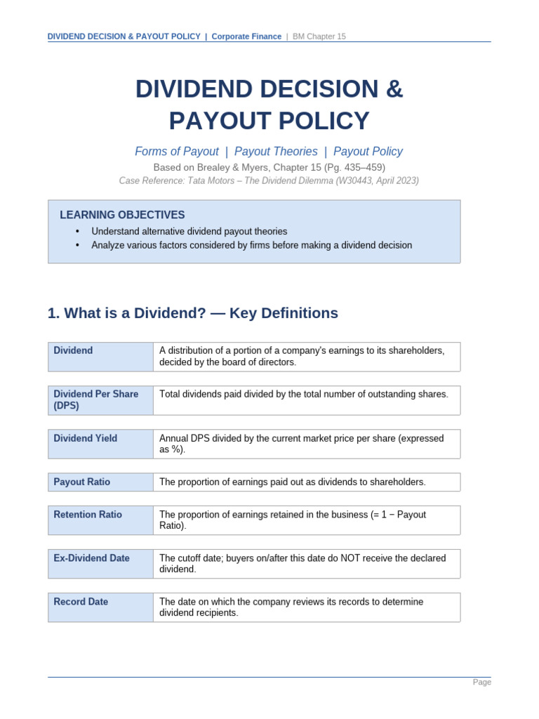 Dividend Decision and Payout Policy | PDF | Dividend | Share Repurchase