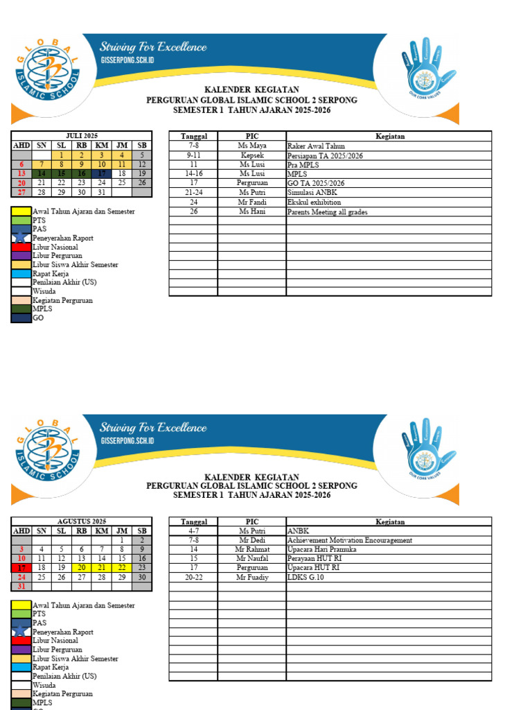5. SMA - Kalender Kegiatan Unit 2025-2026 (1) | PDF