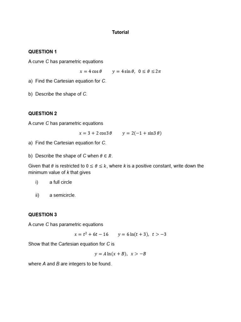 Tutorial - Parametric Equations | PDF | Equations | Curve